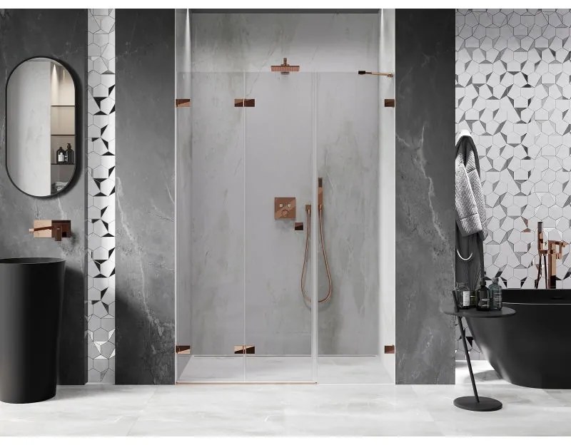 Mexen Lunar-F, ľavé sklápacie sprchové dvere 135 cm, 8mm číre sklo, ružové zlato profil, 836S-135-050-60-00-L