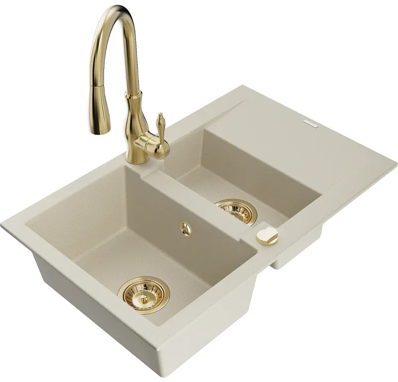 Mexen Gaspar, 1,5-komorový granitový drez 737x475x177 mm a drezová batéria Savita, béžová, 6507-69-672601-50