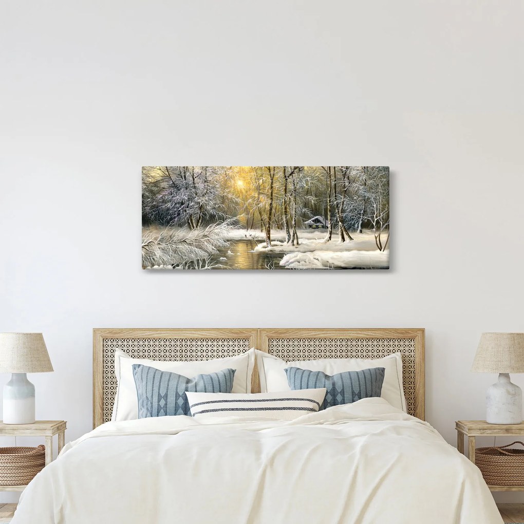 Obraz - Chalúpka v lese, olejomaľba (120x50 cm)