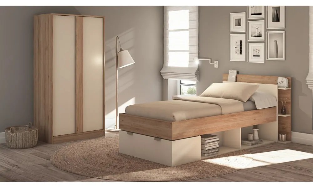 Jednolôžková posteľ v dekore duba s úložným priestorom bez roštu v bielo-prírodnej farbe 90x200 cm Albo – Marckeric