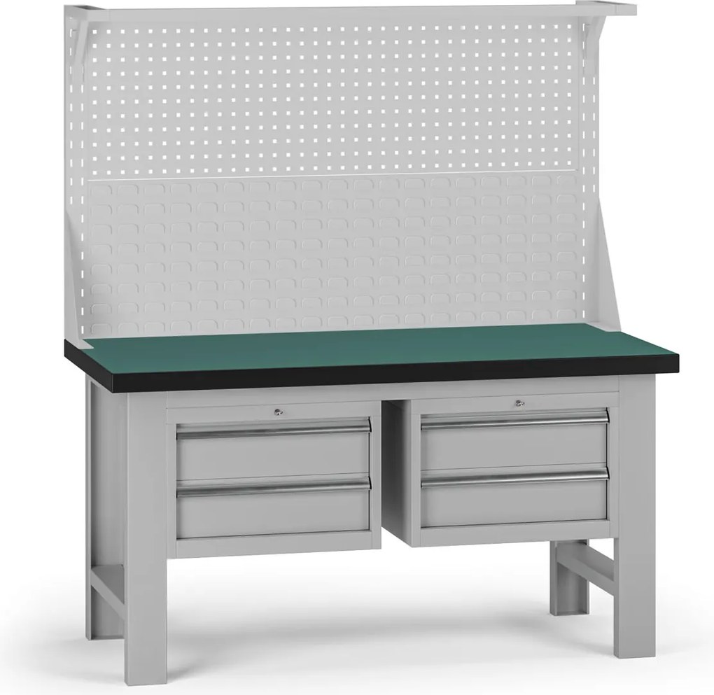 Pracovný stôl do dielne G8 s nadstavbou, 1500 x 750 x 800 mm, 2x kontejner, 4 zásuvky, sivá