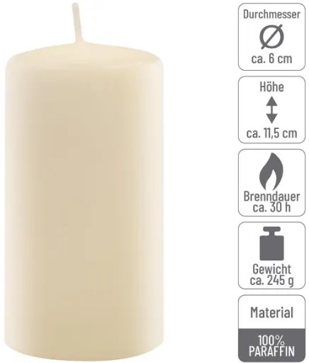 Sada stĺpových sviečok, 11,5 cm, Ø 6 cm, krémové, 6 ks