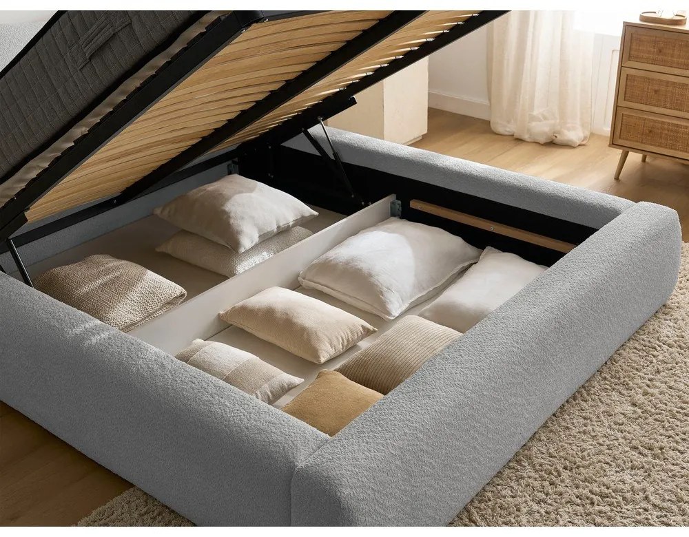 Svetlosivá čalúnená dvojlôžková posteľ s úložným priestorom s roštom 160x200 cm Orlane – Bobochic Paris