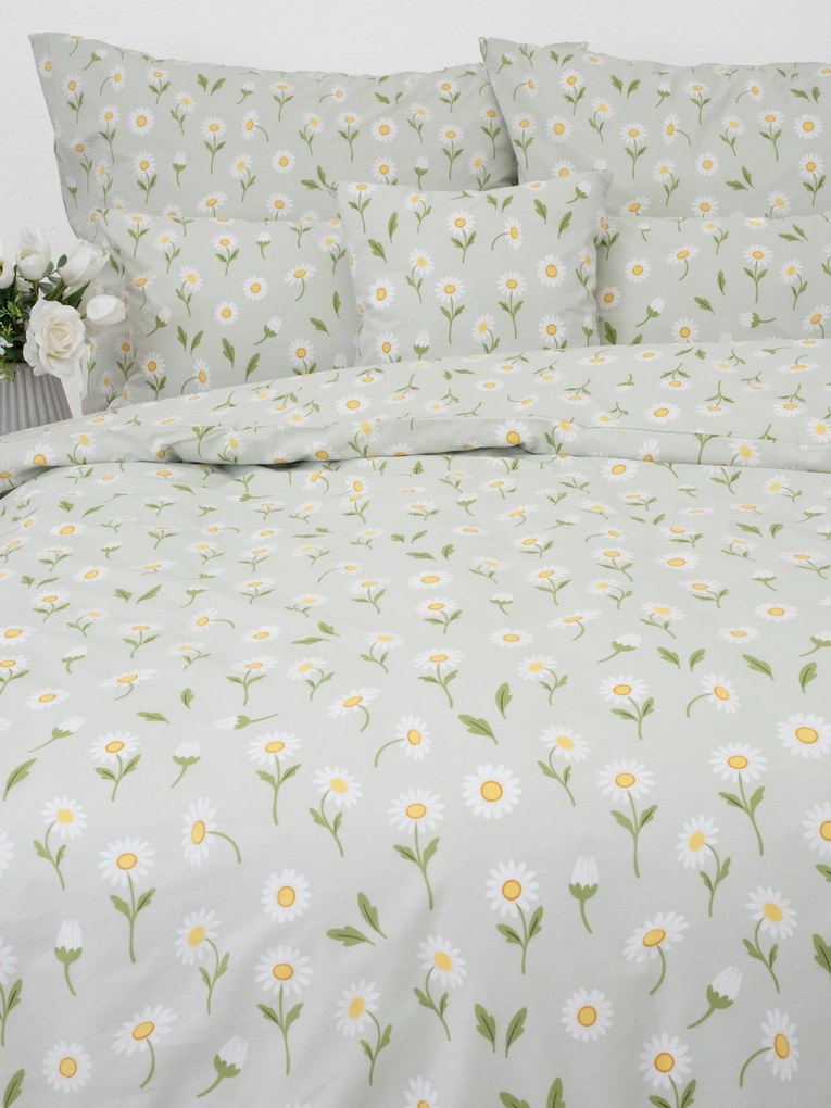 Predĺžené bavlnené obliečky Renforcé - Sedmokrásky sivozelené