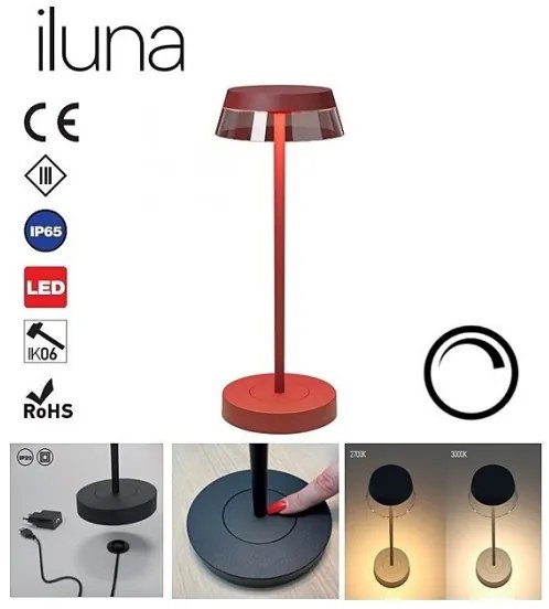 Redo 90311- LED Stmievateľná stolná lampa ILUNA LED/2,5W/5V 3000 mAh IP65 červená