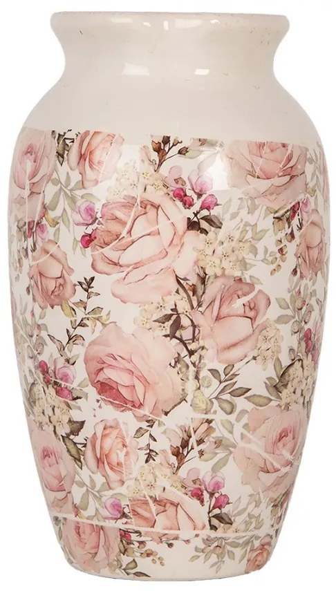 Béžová keramická dekoračná váza s ružami Rosien - Ø 16*27 cm