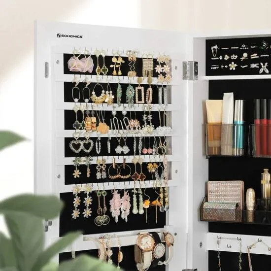 Stojaca zrkadlová skrinka s 2 samostatnými organizérmi na make-up, biela
