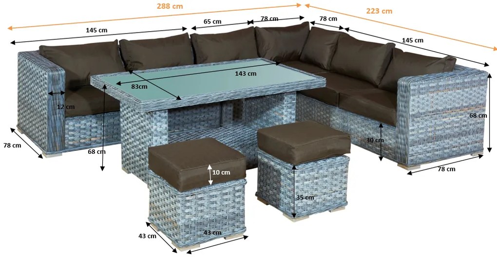 ZÁHRADNÝ SET MAESTOSO ŠEDÝ 288 x 223 cm + STÔL + 2 x TABURET