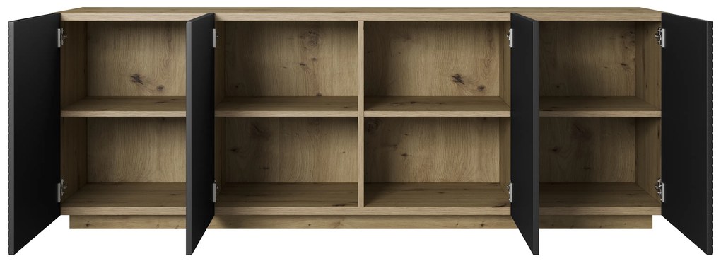 Komoda Asha 200 cm s ryhovanými dvierkami - artisan / čierny mat