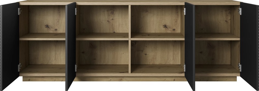 Komoda Asha 200 cm štvordverová - dub artisan / čierny mat