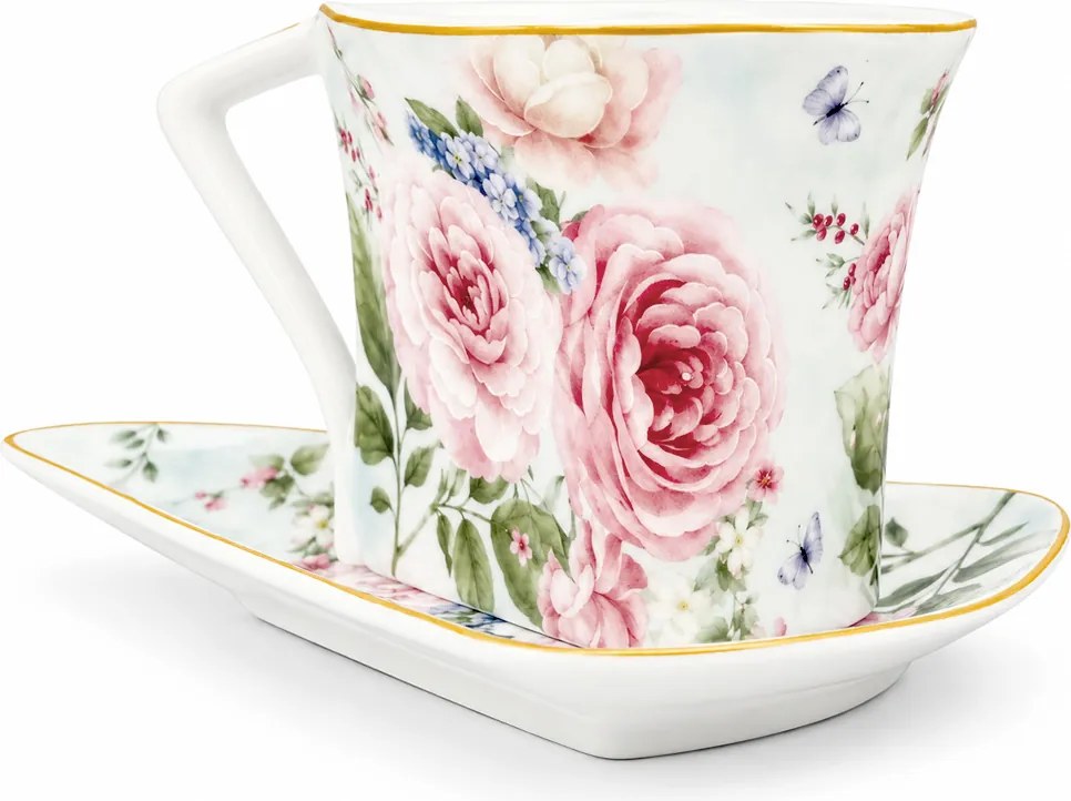 Home Elements Súprava dvoch 250 ml šálok s podšálkami a lyžičkami, Ruža