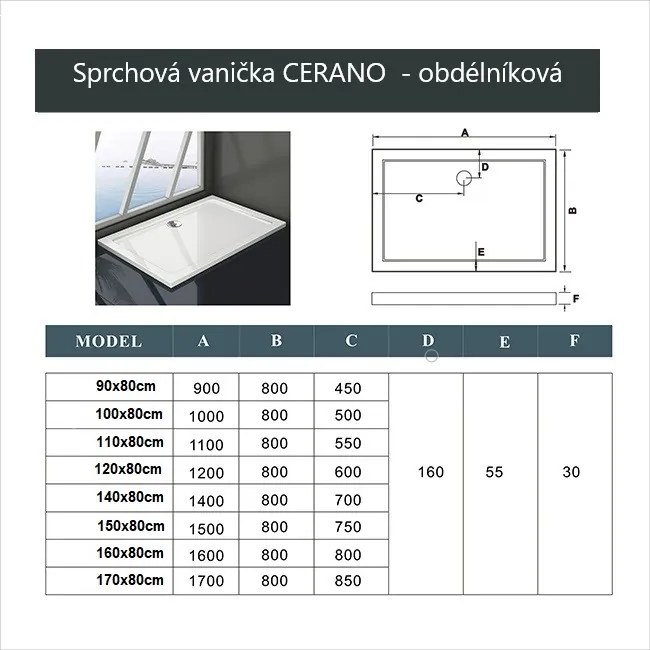 Cerano Piato, obdĺžniková sprchová vanička z liateho mramoru 90x80 cm, biela matná, CER-CER-476954
