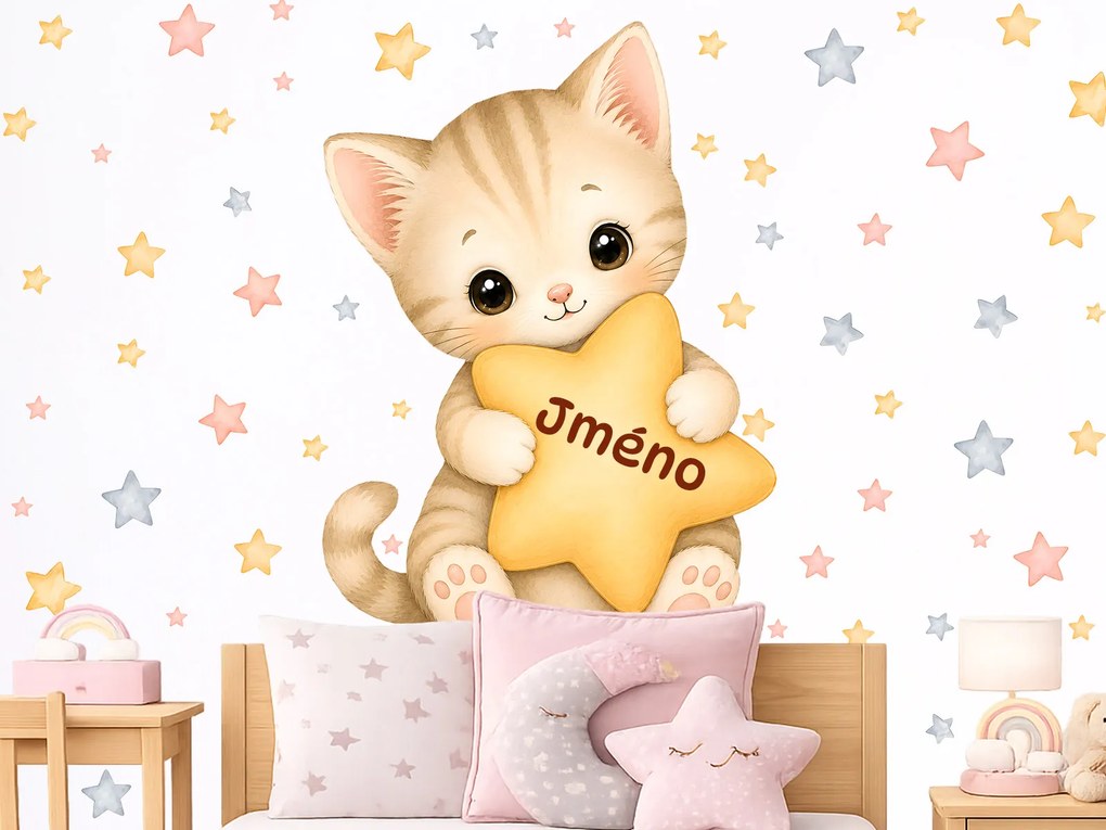 Mačiatko s hviezdičkou a menom personalizované nálepky na stenu hárok 54 x 75 cm
