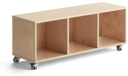 Drevená úložná skriňa RICO, s kolieskami, 3 priehradky, Š 1200 mm, breza
