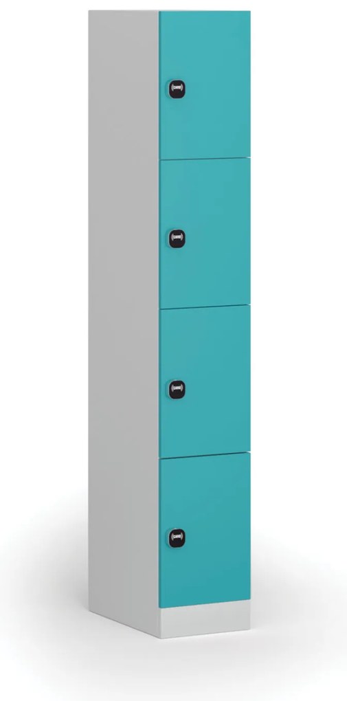 Šatníková skrinka S1 s úložnými boxmi, 4 boxy, 1850 x 300 x 500 mm, demont, zámok s čítačkou RFID kariet, zelené dvere