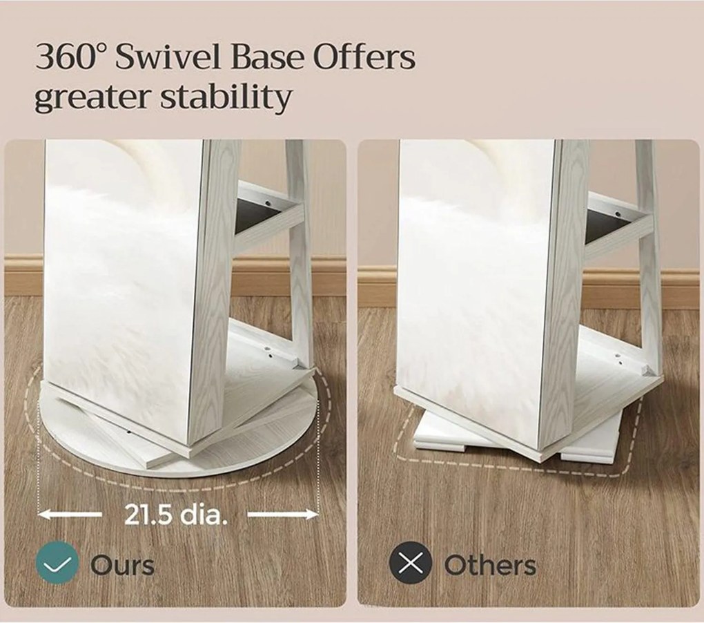 Zrkadlová skrinka na šperky, uzamykateľná, so 6 LED svetlami, otočná o 360°