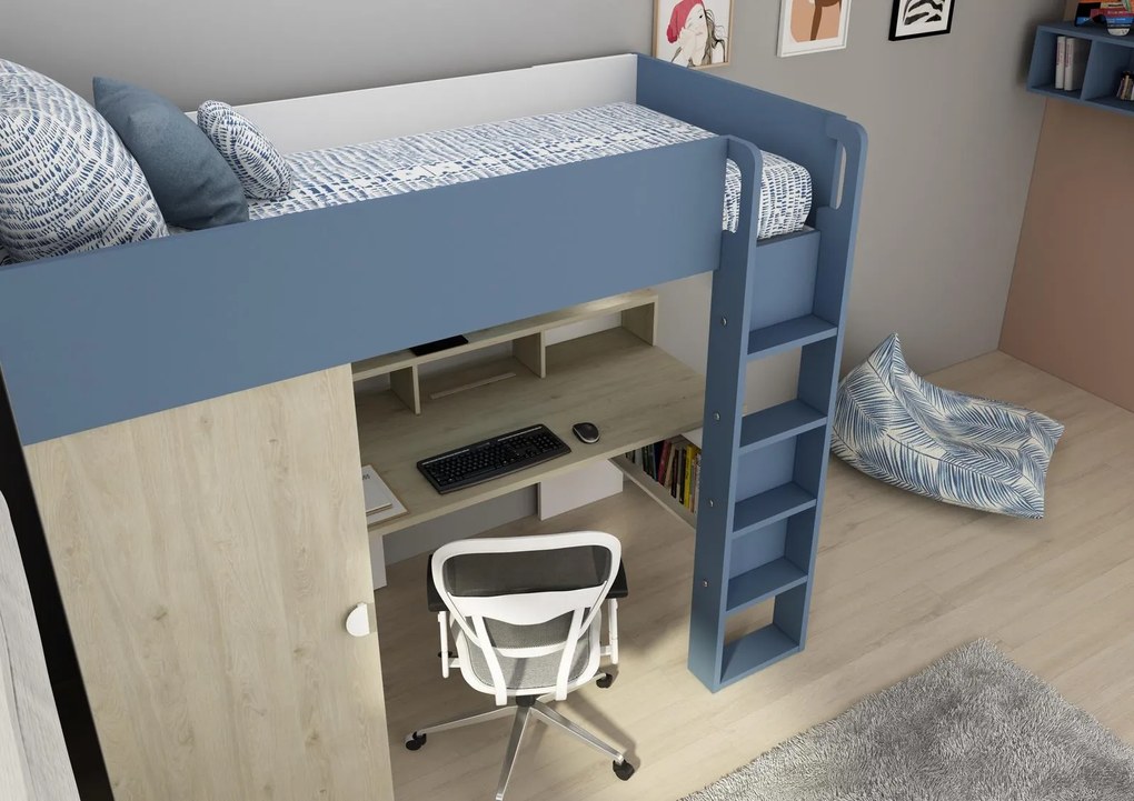 Vyvýšená posteľ s písacím stolom Flow - modrá