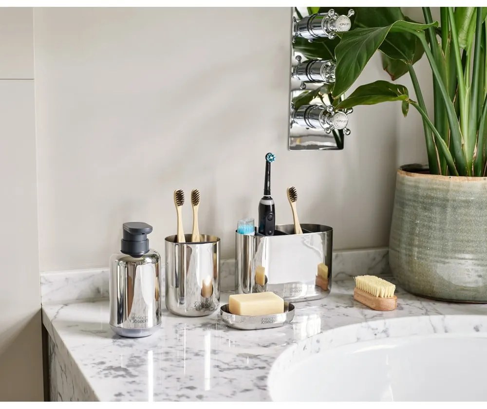 Téglik na zubné kefky z nehrdzavejúcej ocele v lesklo striebornej farbe EasyStore Luxe – Joseph Joseph