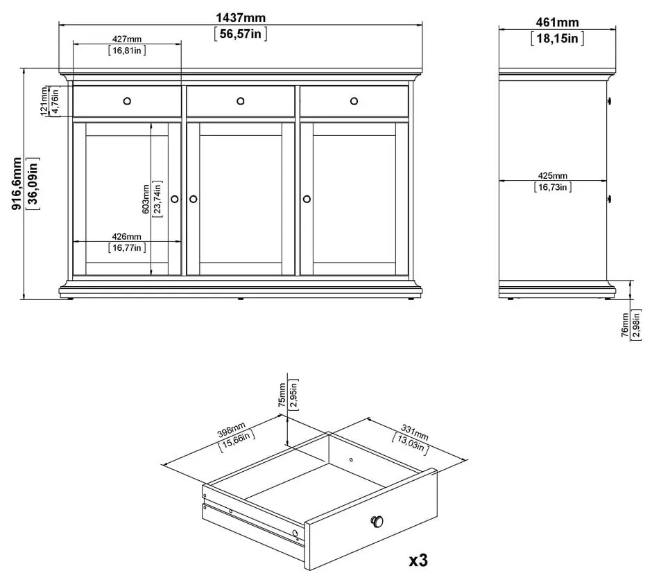 Sivá nízka komoda 144x92 cm Paris – Tvilum