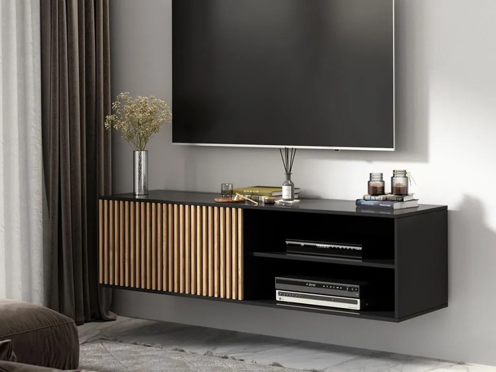 AKCIA Závesný TV stolík MEORATI 150x40 cm, čierna/dub artisan II. trieda