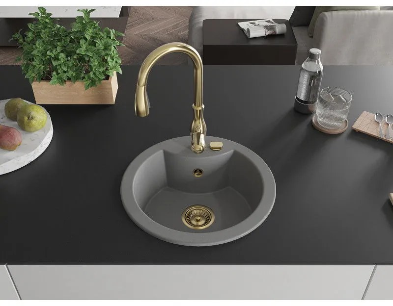 Mexen Diego, 1-komorový granitový drez 488x488x167 mm a drezová batéria Savita, šedá, 6512-71-672601-50