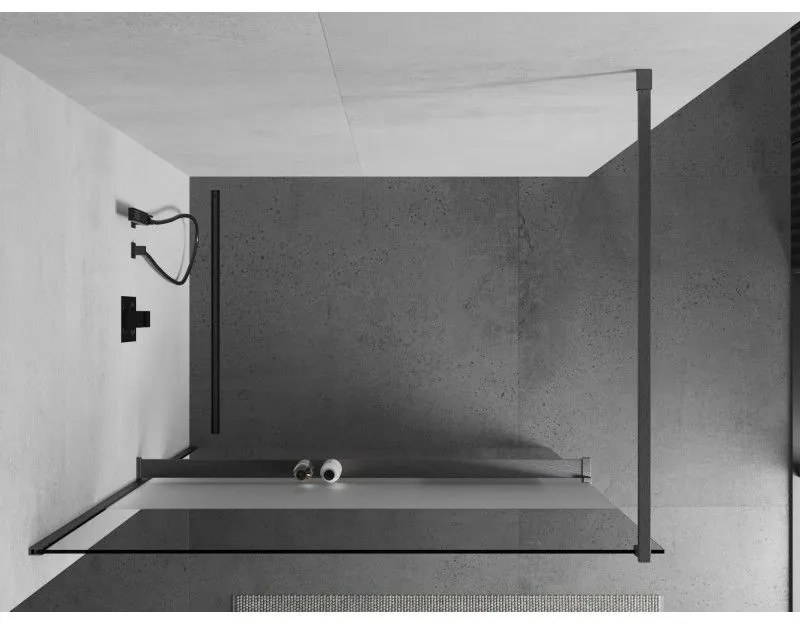 Mexen Kioto+, sprchová zástena Walk-In s poličkou a vešiakom 100 x 200 cm, 8mm číre sklo-námraza, grafitový profil, 800-100-121-66-35