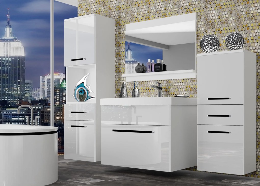 Kúpeľňový nábytok Belini biely lesk + umývadlo + zrkadlo ROD P 5/0/W/W/0/ZW