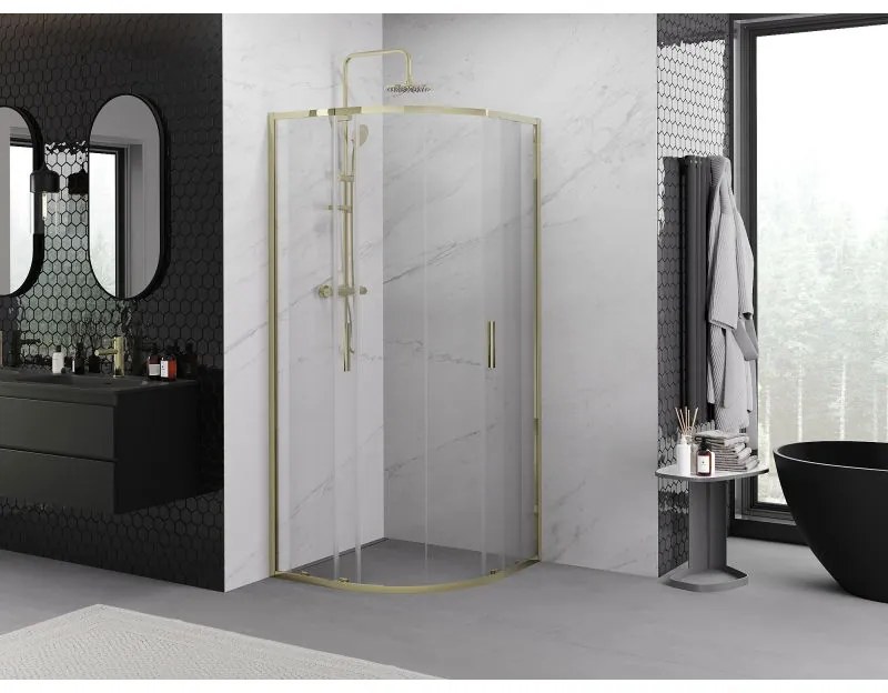Mexen Exo, posuvný polkruhový sprchový kút 100 x 100 cm, číre sklo, zlatá, 8132-100-100-50-00