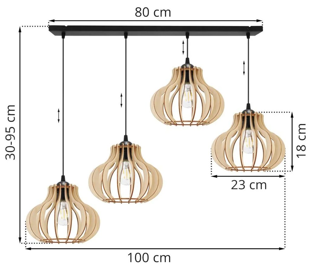 Závesné svietidlo Timber 3, 4x drevené tienidlo