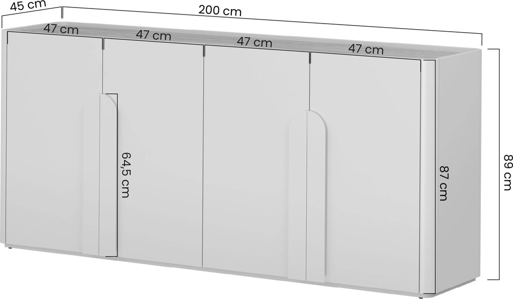 Štýlová komoda Amilio 200 cm so štyrmi dverami - kasmír / olejovaný dub / úchyty svetlý dub - Výstavný predaj
