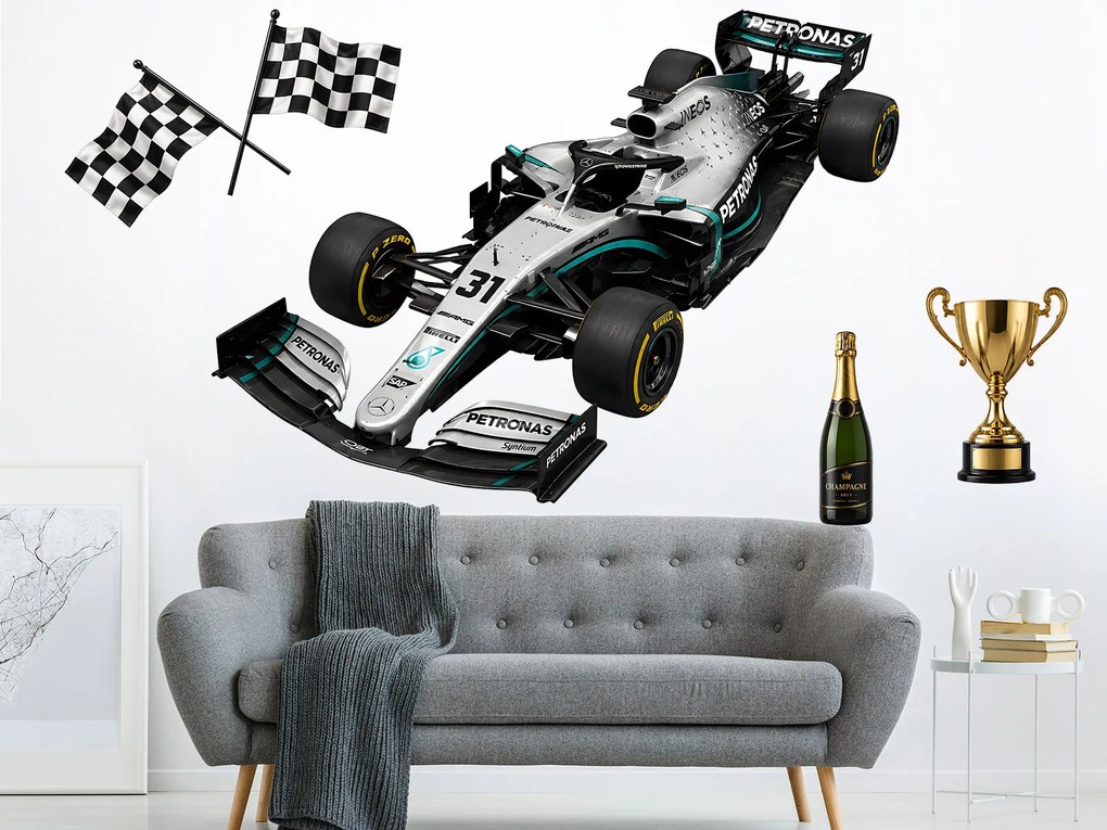 Strieborná a čierna Formule 1 textilní prelepiteľná nálepka na stenu list 75 x 54 cm
