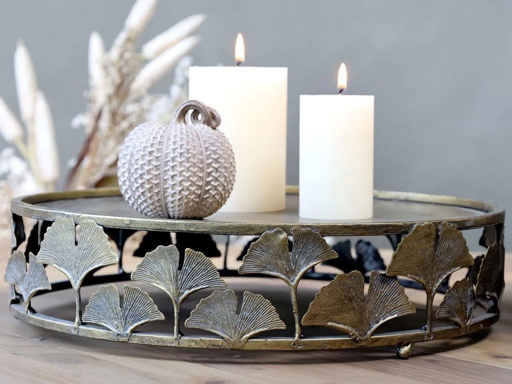 Mosadzný antik dekoračný kovový podnos Ginkgo - Ø 33*8cm