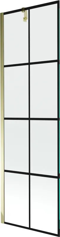 Mexen Next, vaňová zástena 1-krídlová 60 x 150 cm, fixné krídlo, 6 mm číre sklo s čiernym vzorom, zlatý profil, 895-060-000-00-77-50