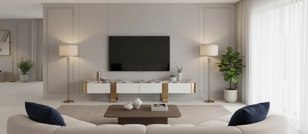 TV stolek Stilig ST922 200 cm bílý/zlatý/mramor