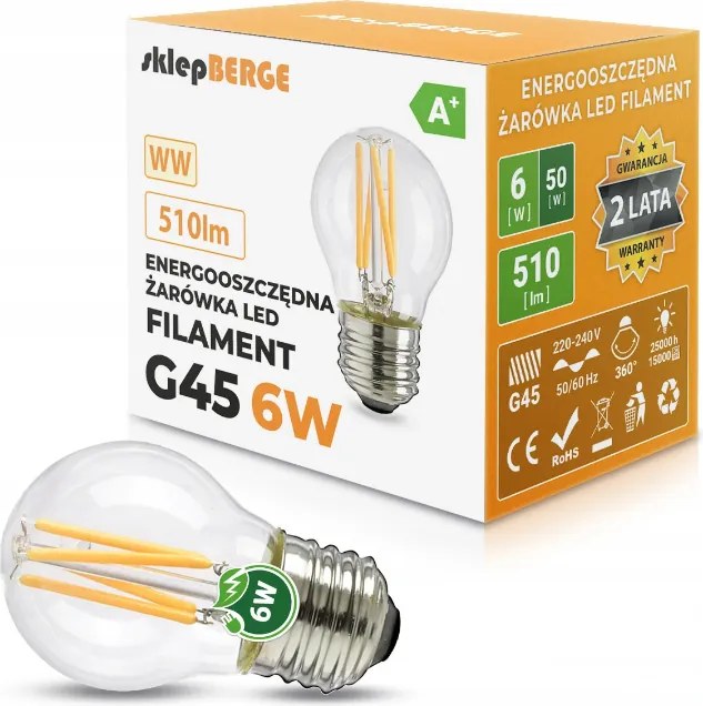 BERGE LED žiarovka - E27 - G45 - 6W - 510Lm - filament - teplá biela