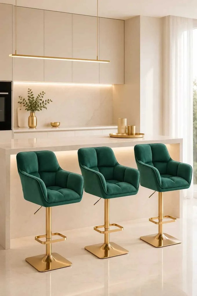 LuxuryForm DESIGN Barová stolička AMALFI VELUR na zlatej hranatej podstave - zelená