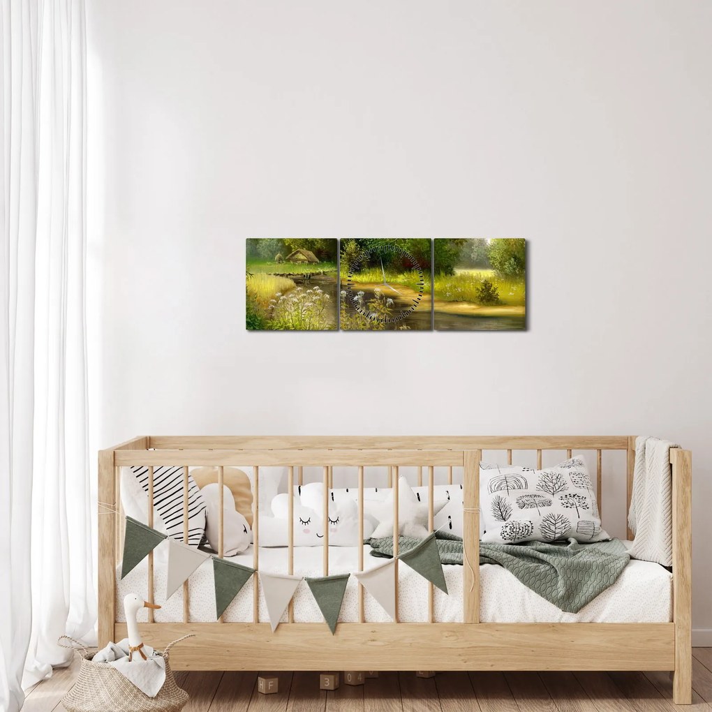 Obraz - Rieka pri lese, olejomaľba (s hodinami) (90x30 cm)
