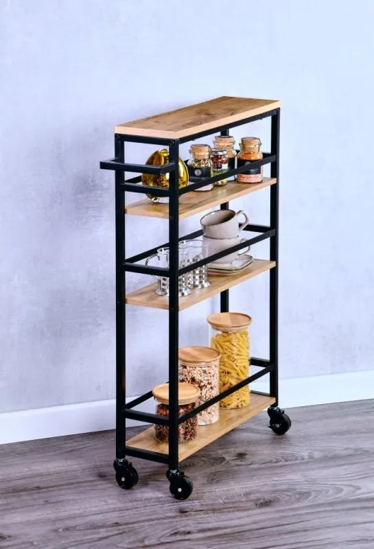 Kesper Mobilný regál, výsuvná polička, vozík, dub/čierny kov