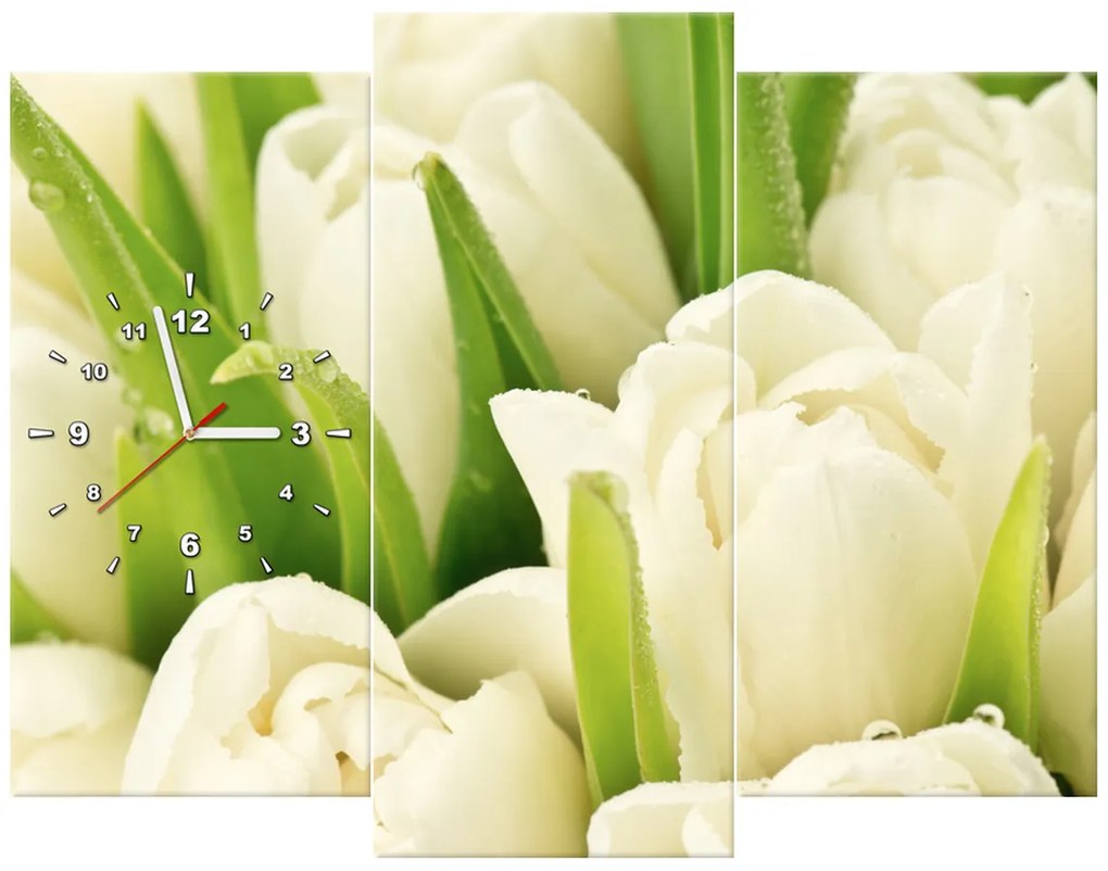 Gario Obraz s hodinami Jemné tulipány - 3 dielny Rozmery: 30 x 90 cm