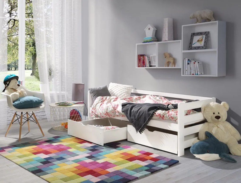 Detská posteľ z masívu borovice EGO so zásuvkami - 200x90 cm - biela