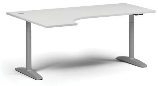 Výškovo nastaviteľný stôl OBOL, elektrický, 675-1325 mm, rohový ľavý, doska 1800x1200 mm, sivá zaoblená podnož, biela