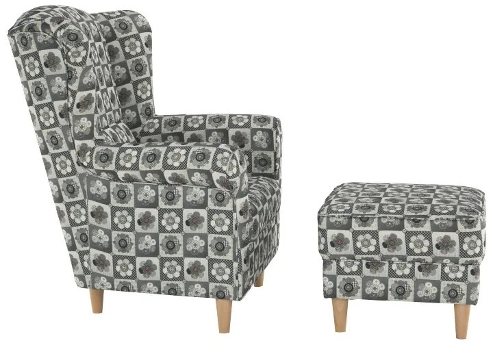 Kondela Kreslo, ušiak s taburetom, patchwork N1 látka, ASTRID