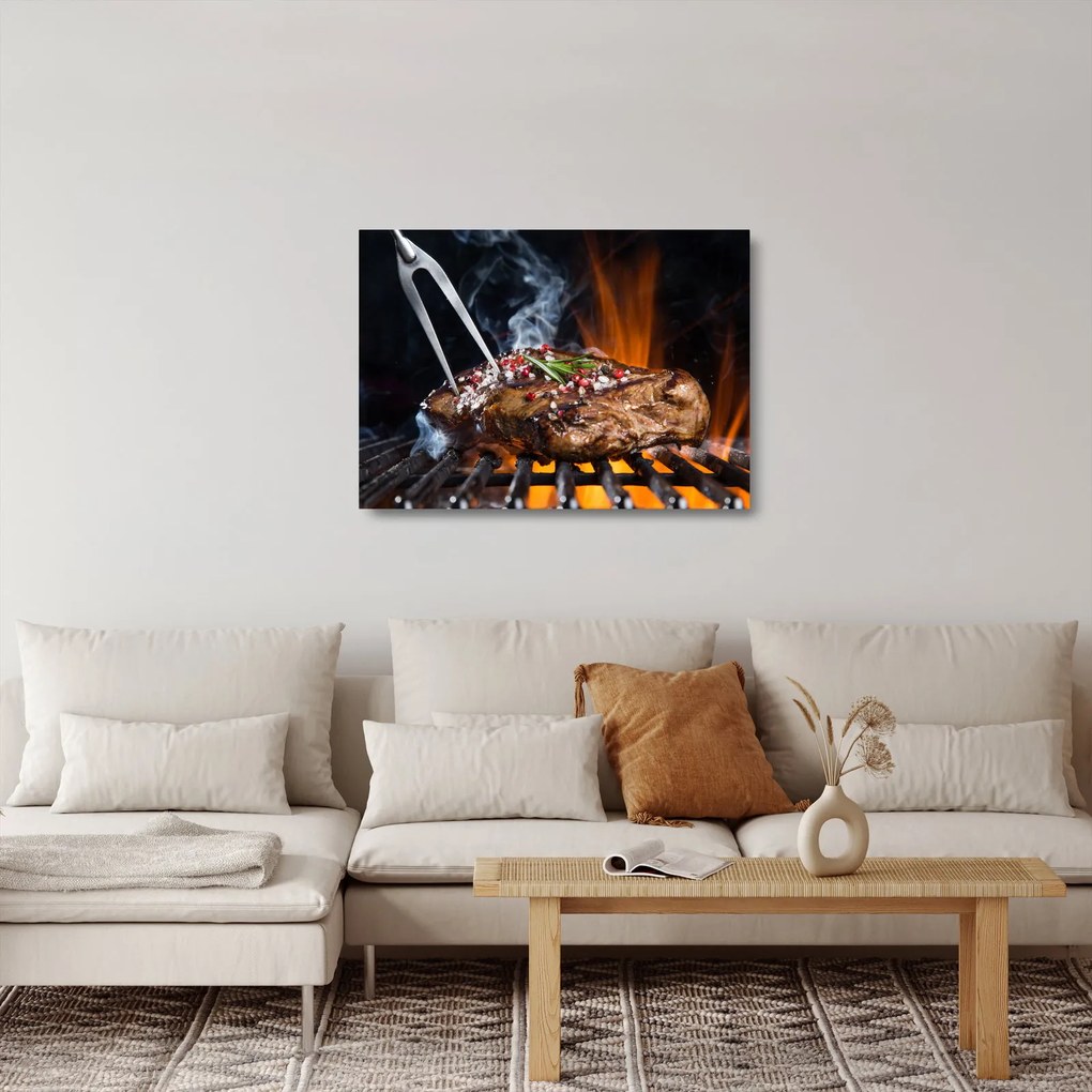 Sklenený obraz steaku na grile (70x50 cm)