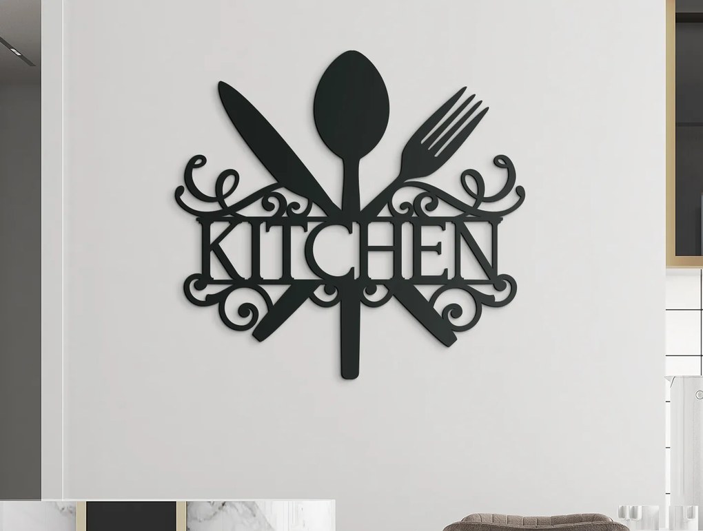drevko Drevený nápis Kitchen s príborom a zdobením Rozmer obrazu: 32,5 x 34,5 cm, Farba dekorácie: Čierna