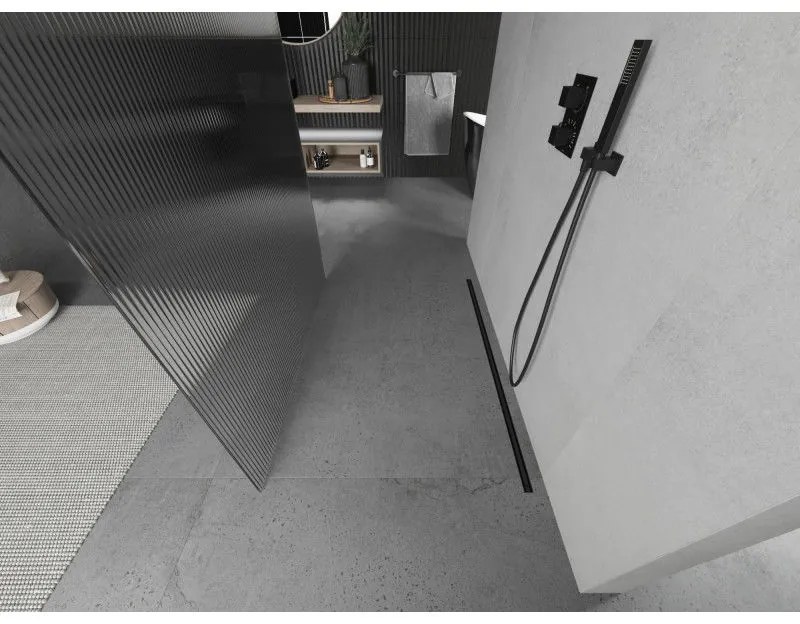 Mexen Kioto, sprchová zástena Walk-In 140 x 200 cm, 8mm sklo s rebrovým vzorom, čierny profil, 800-140-002-70-09