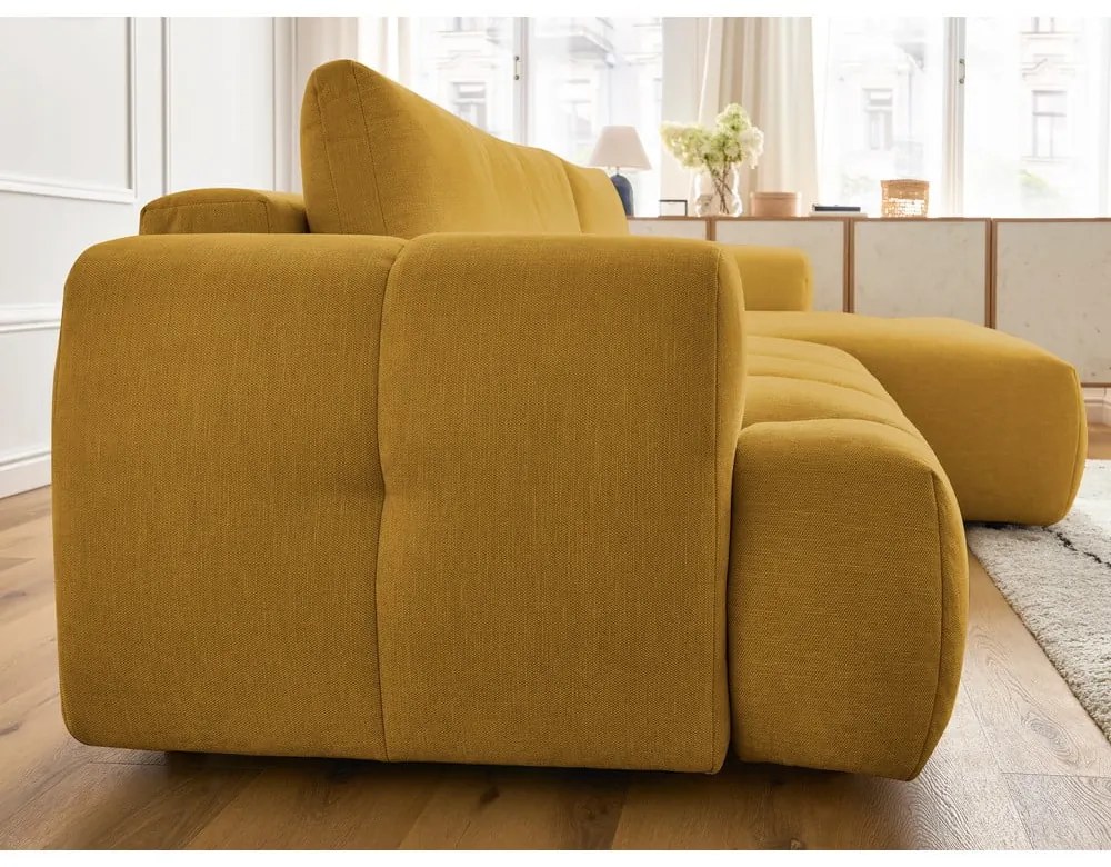 Rozkladacia/s úložným priestorom rohová pohovka v horčicovej farbe (pravý roh/s leňoškou) Fuji – Bobochic Paris