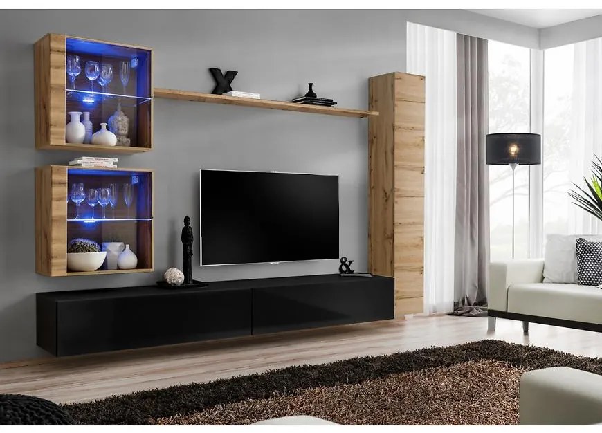 Obývacia stena Switch XVIII Sklo +LED Wotan/čierna