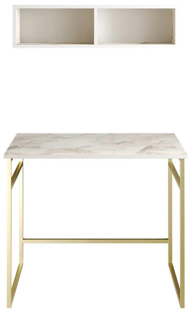 Stôl s policou GAMAS biely mramor/zlato