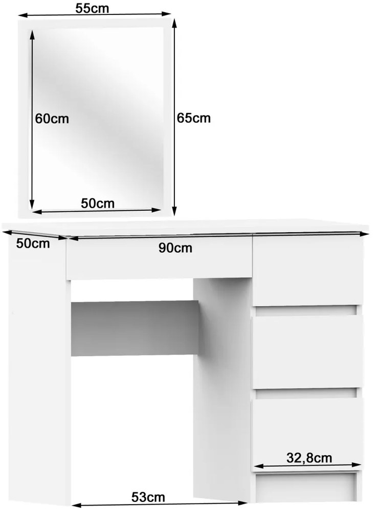 Kozmetický stolík so zrkadlom T-6 90x50 cm biely pravý