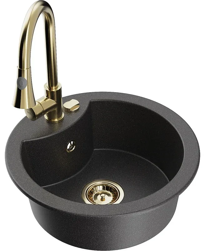 Mexen Diego, 1-komorový granitový drez 488x488x167 mm a drezová batéria Elia, 6512-76-670101-50